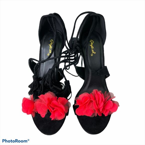 Qupid NWOB Fringe Wrap Tie Sandal Red Flowers Open Toe Stiletto Heel Size 5.5 - Picture 5 of 7